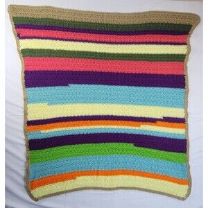 Handmade Afghan Striped Pattern MultiColor Crochet Knit Approx 37"X40"